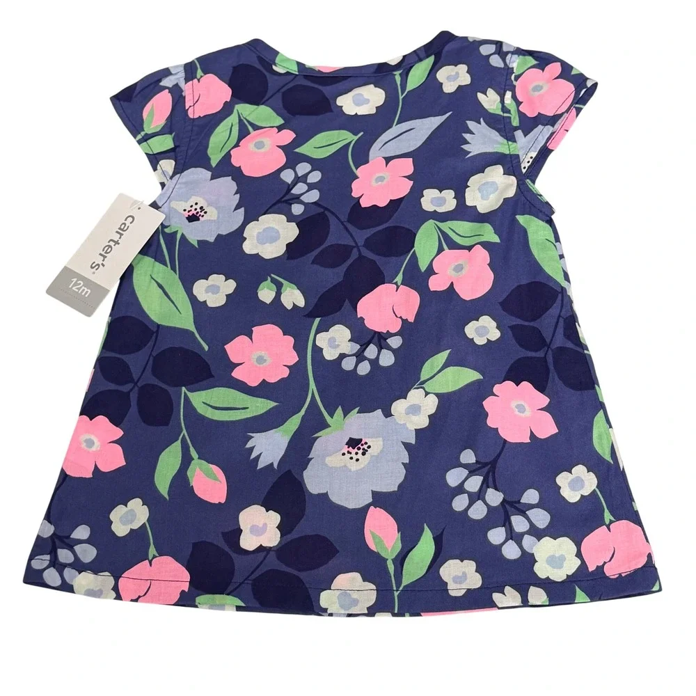 Carters Baby Girl 12M Navy Blue Floral Cotton Cap Sleeve Tunic Top Cottagecore